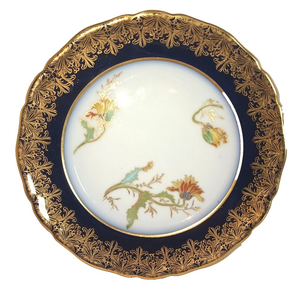Antique W. Guerin Limoges Blue Flow 7.5" Plate Gold Detail on Cobalt & Floral